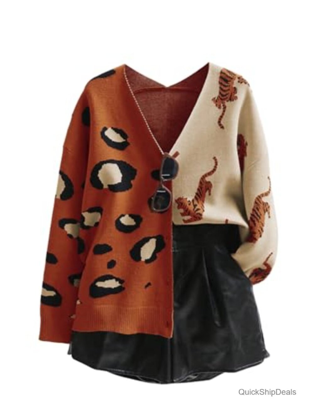 V-Neck Leopard Print Cardigan Long Sleeve Button Down Drop Shoulder